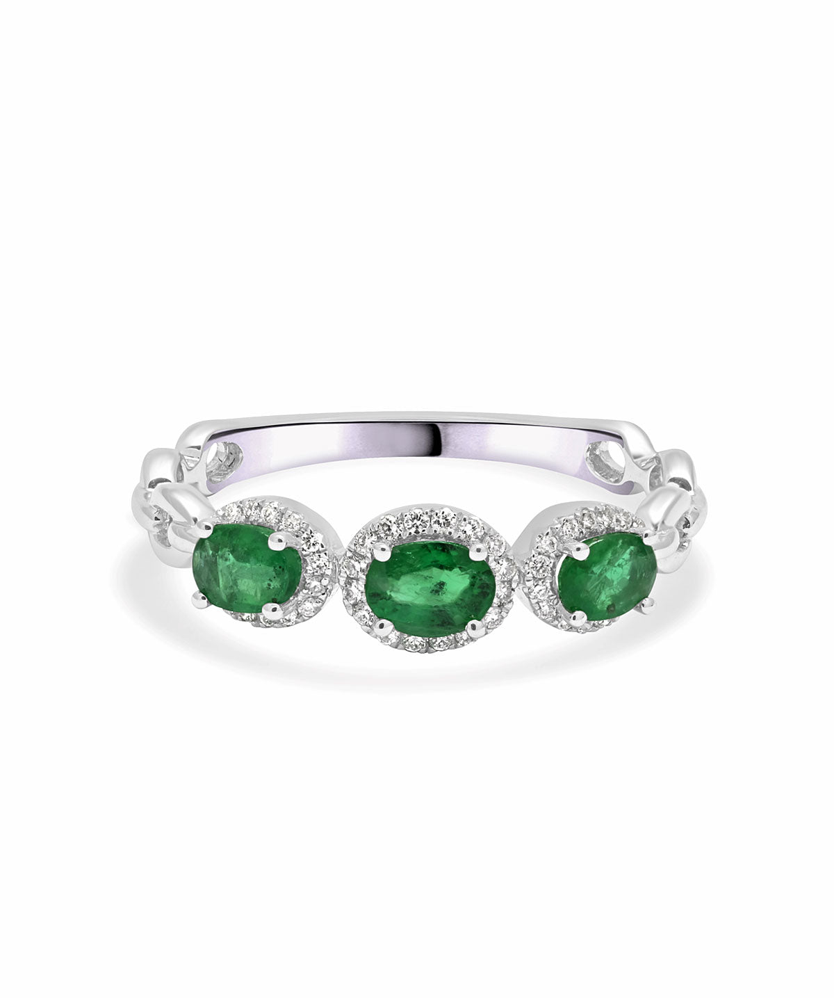 14K White Gold Emerald and Diamond Halo Band Ring