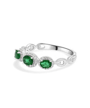 14K White Gold Emerald and Diamond Halo Band Ring