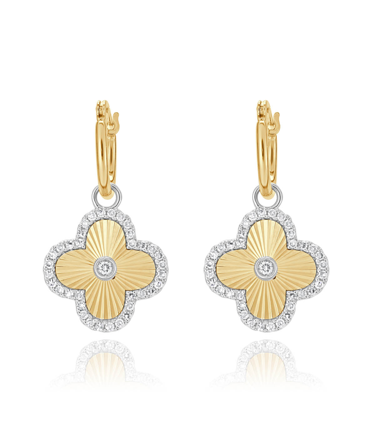 14K Yellow and 14K White Gold Diamond Clover Dangle Earrings