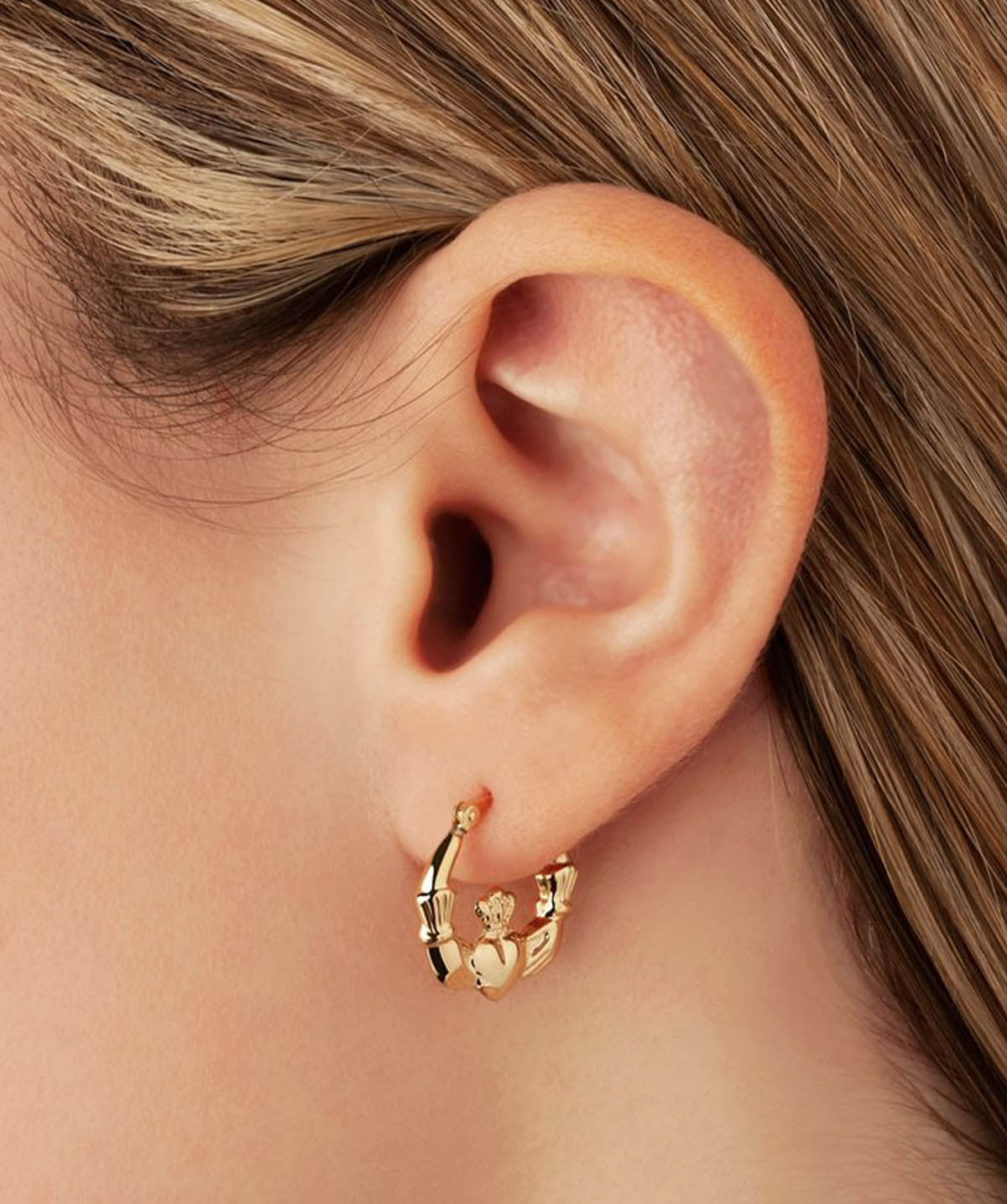 14K Yellow Gold Small Claddagh Hoop Earrings