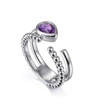 925 Sterling Silver Pear Amethyst Bujukan Open Ring