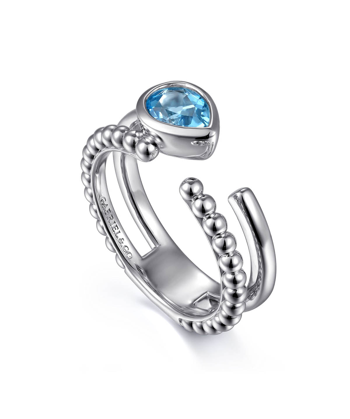 925 Sterling Silver Pear Blue Topaz Bujukan Open Ring