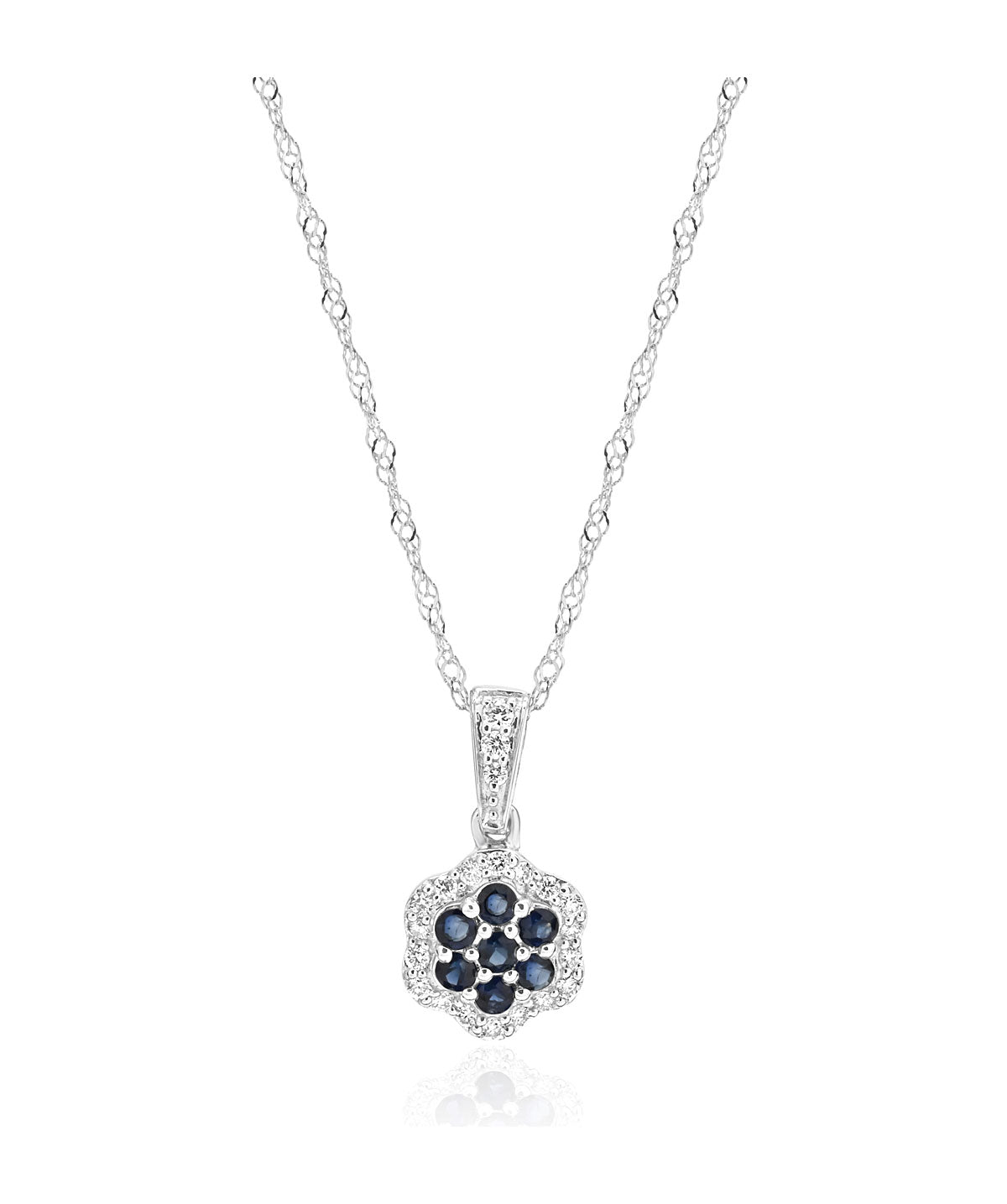 14K White Gold Sapphire and Diamond Flower Halo Pendant