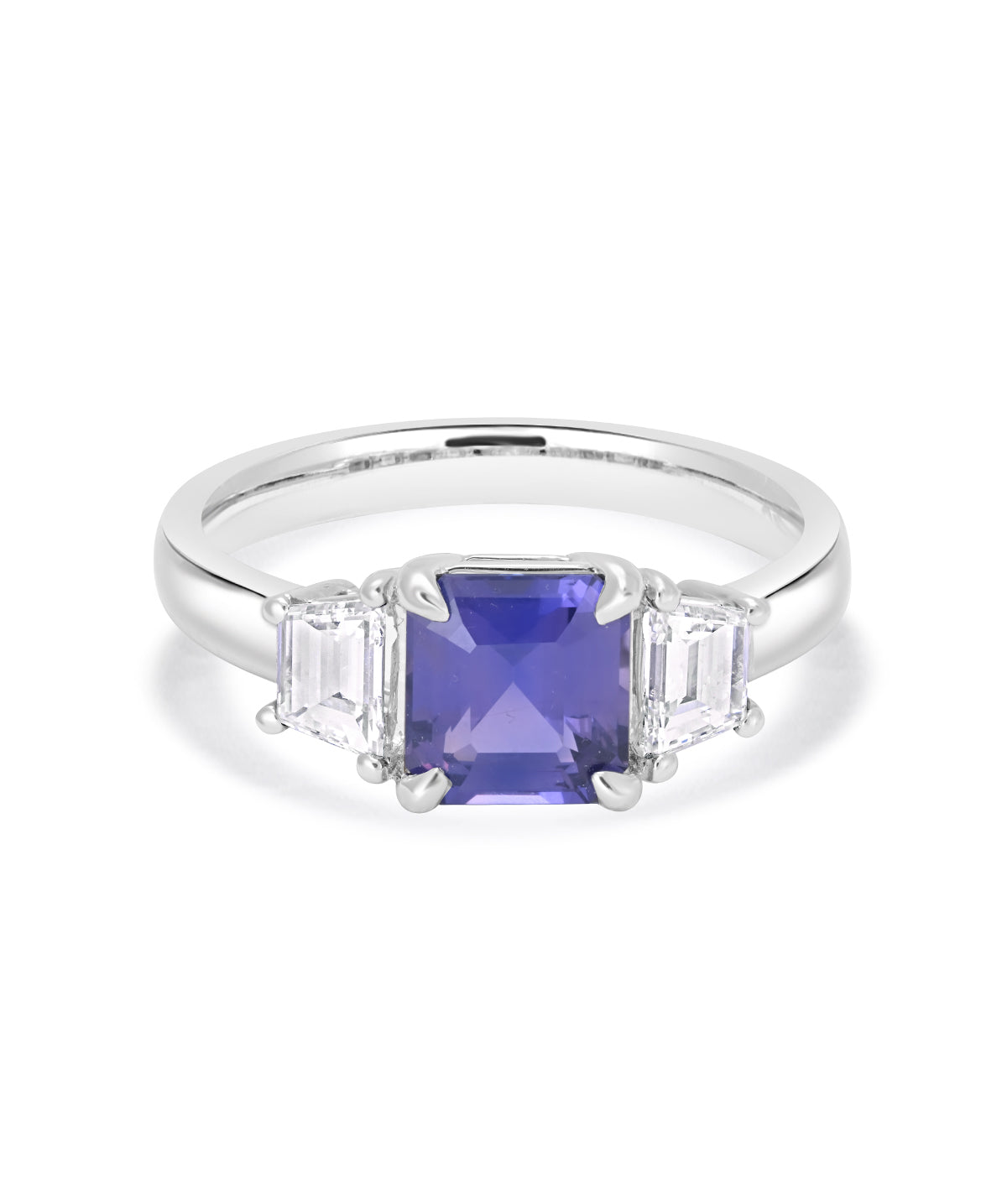 14K White Gold 2.00ct Purple Asscher Sapphire and Diamond Three Stone Ring