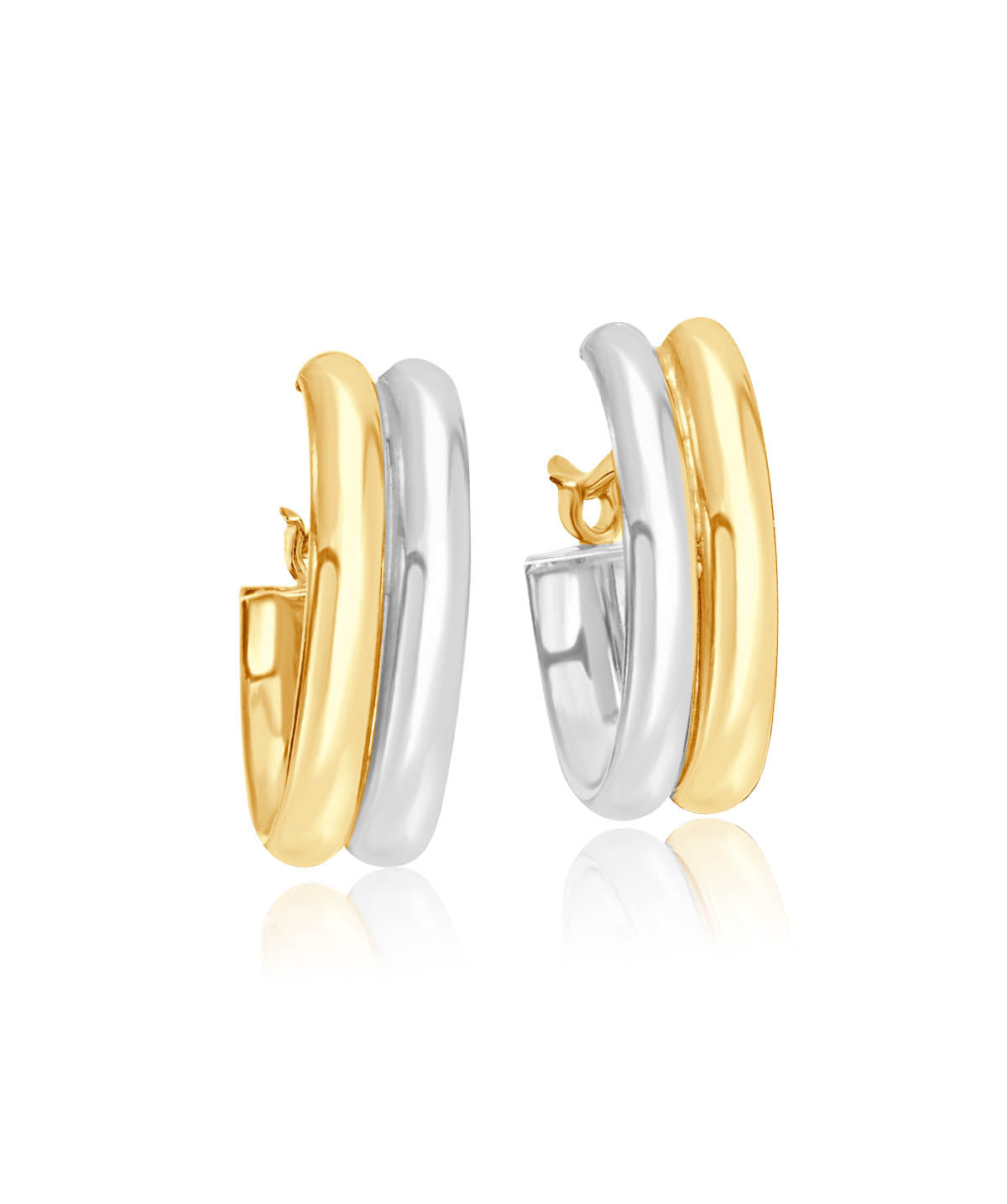 14K White Yellow Two Tone Double Band Lever Back Half Hoop Earrings