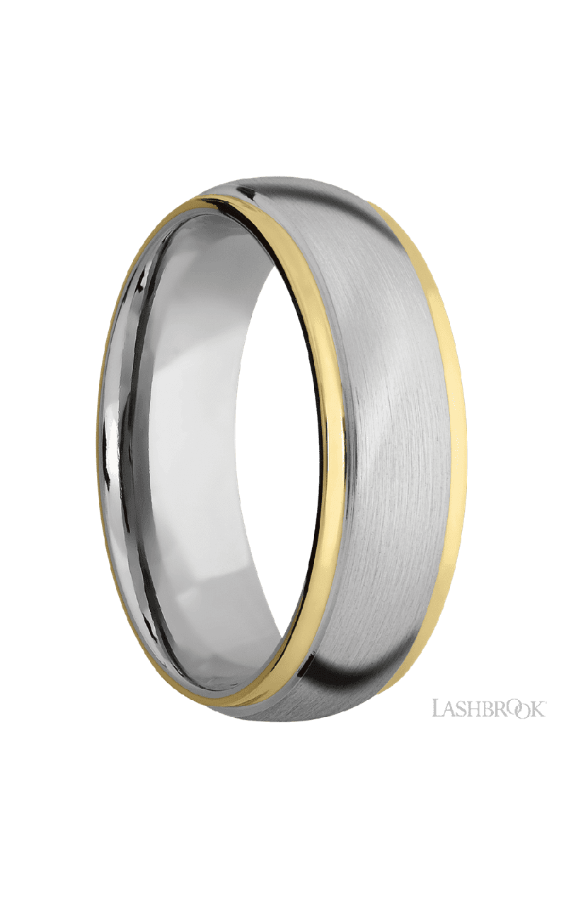 7 mm wide/Domed Stepped Down Edges/14K White Gold band with two 1 mm Edge inlays of 14K Yellow Gold.