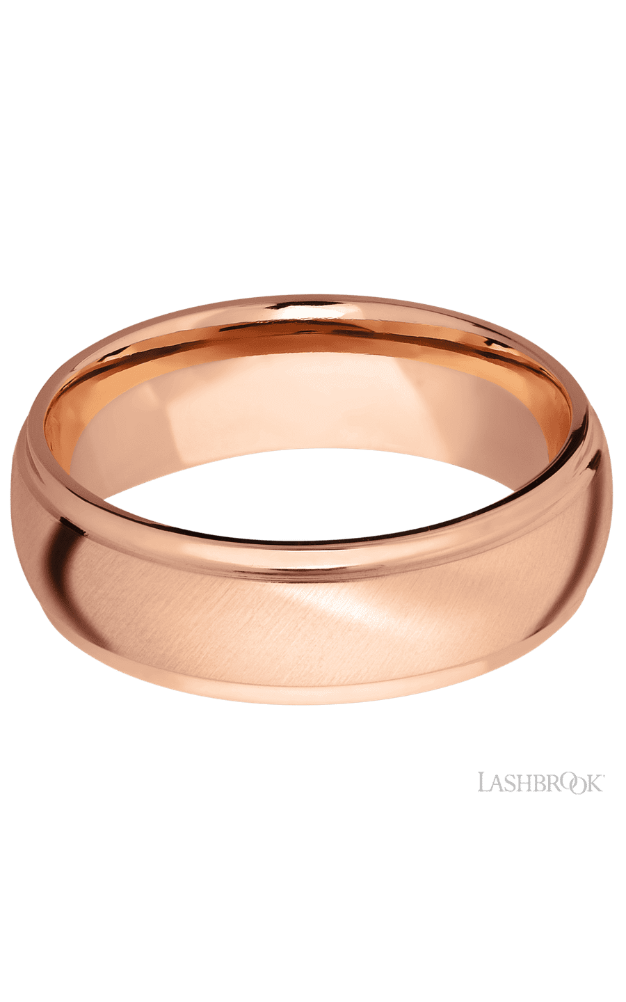 7 mm wide Domed Stepped Down Edges 14K Rose Gold band.
