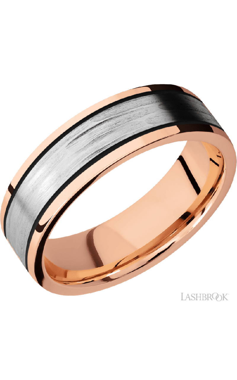 7 mm wide/Flat/14K Rose Gold band with one 4 mm Centered inlay of 14K White Gold.