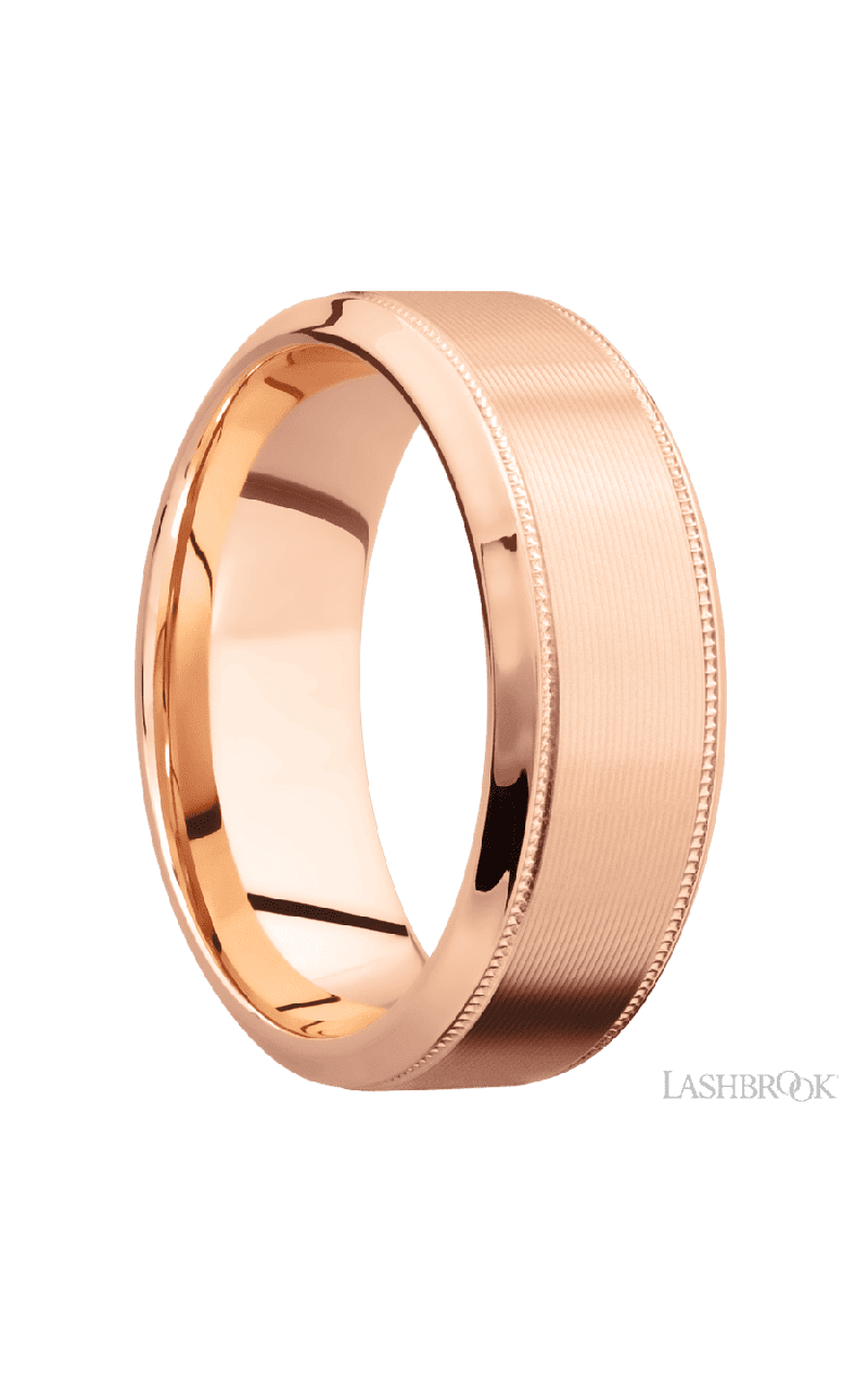 8 mm wide High Bevel Milgrain 14K Rose Gold band.
