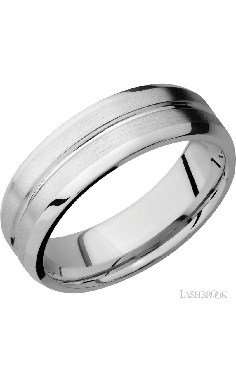 7 mm wide Beveled with Center Accent Groove 14K White Gold band.