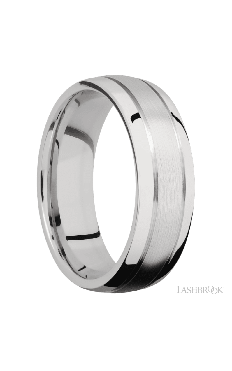 7 mm wide Domed with two accent grooves 14K White Gold band.