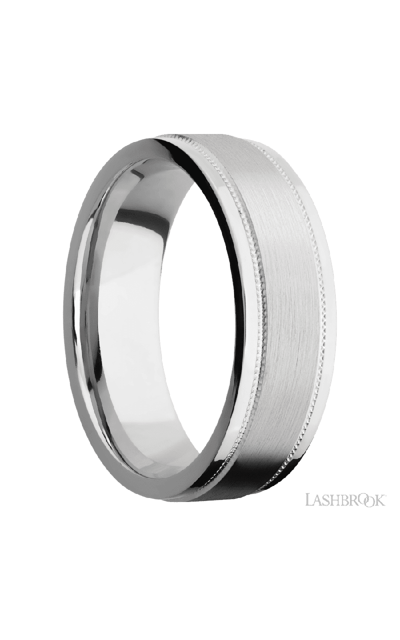 7 mm wide Flat Stepped Edges Milgrain 14K White Gold band.