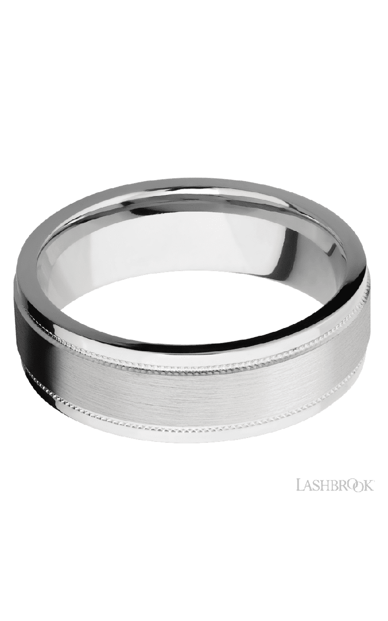7 mm wide Flat Stepped Edges Milgrain 14K White Gold band.