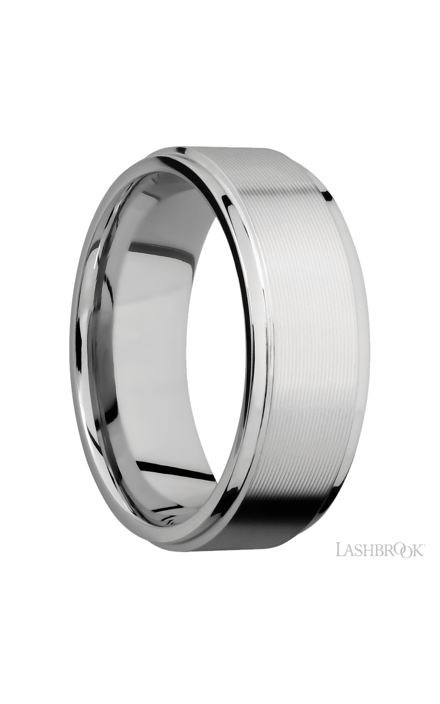 8 mm wide Flat Grooved Edges 14K White Gold band.