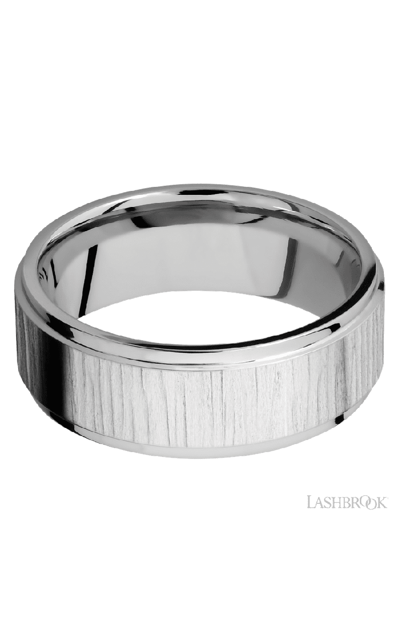 8 mm wide Flat Grooved Edges 14K White Gold band.