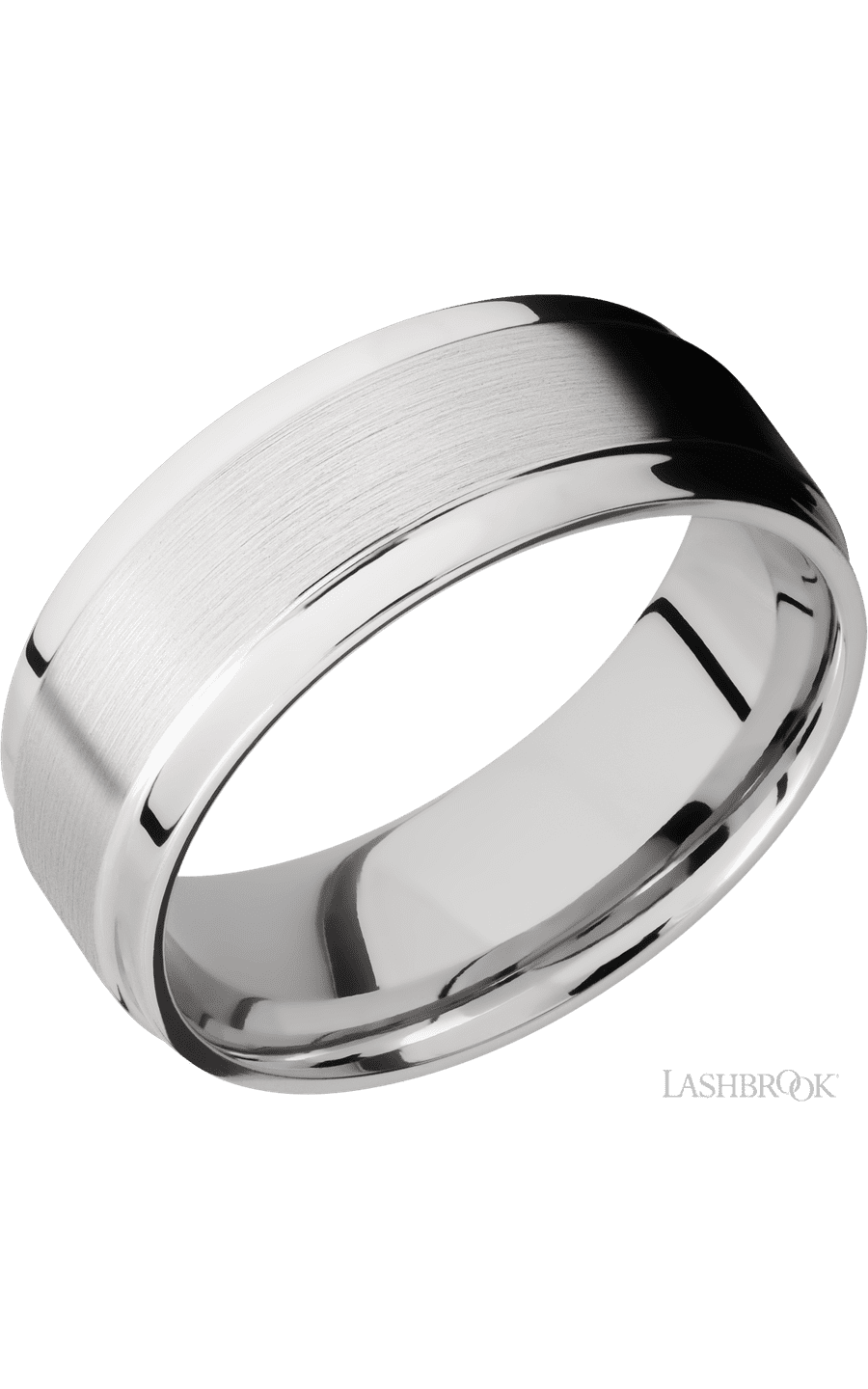 8 mm wide Flat Wide Grooved Edges 14K White Gold band.