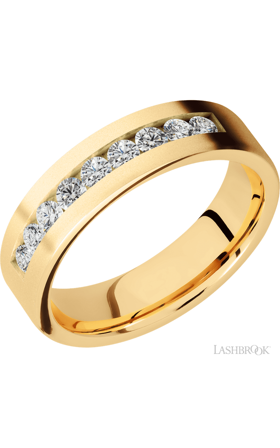 6 mm wide/Flat/14K Yellow Gold band with an  arrangement of 9, .07 carat Round Diamond stones in a Channel setting.