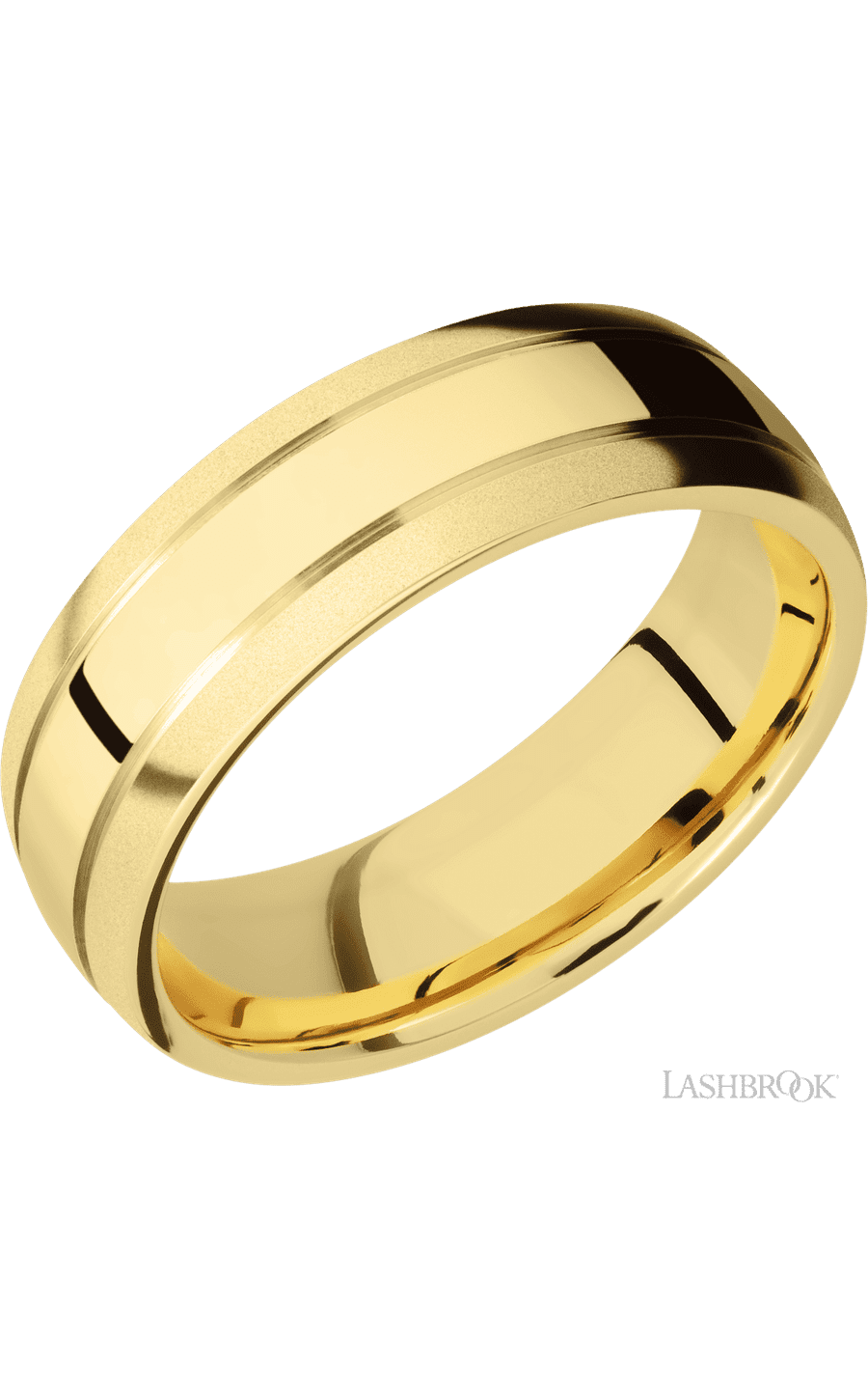 7 mm wide Domed with two accent grooves 14K Yellow Gold band.