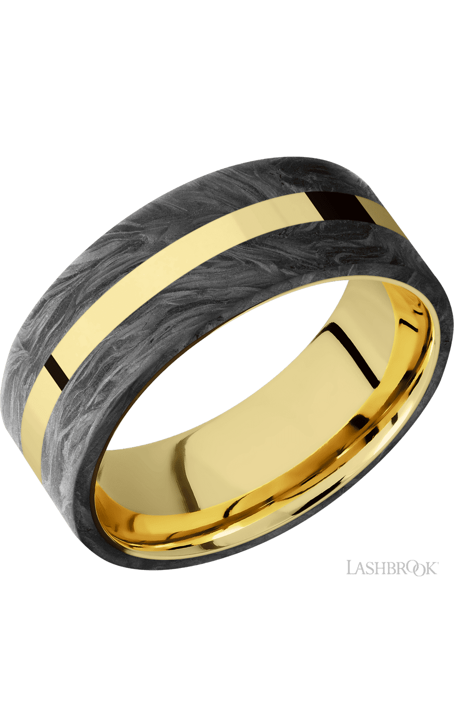 8 mm wide/Flat/14K Yellow Gold band with two 3 mm Double Off Center Edge inlays of Forged Carbon Fiber.