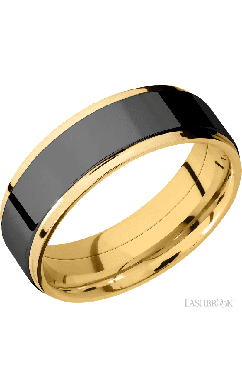 7 mm wide/Flat Grooved Edges/14K Yellow Gold band with one 5 mm Raised Centered inlay of Zirconium.