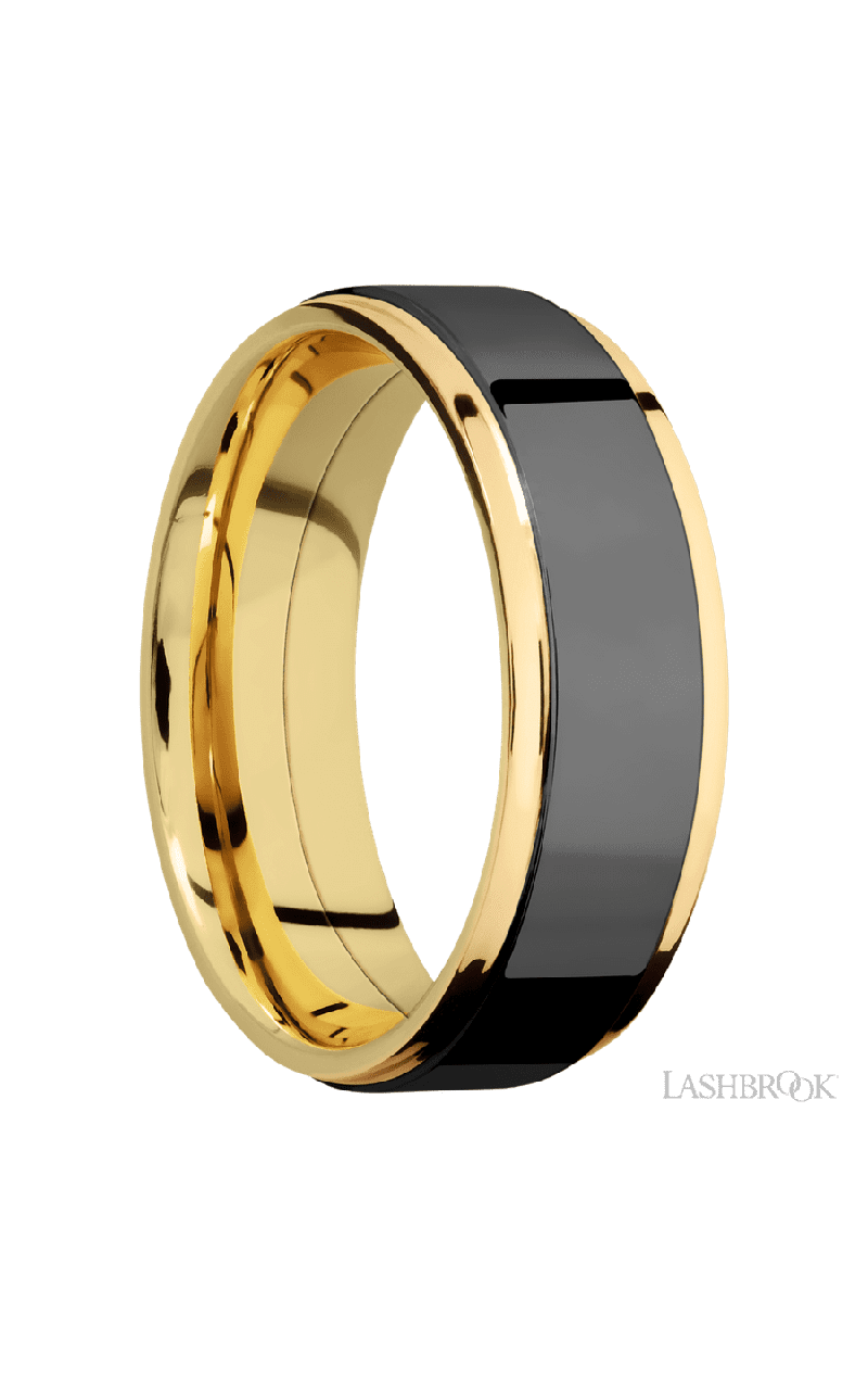 7 mm wide/Flat Grooved Edges/14K Yellow Gold band with one 5 mm Raised Centered inlay of Zirconium.