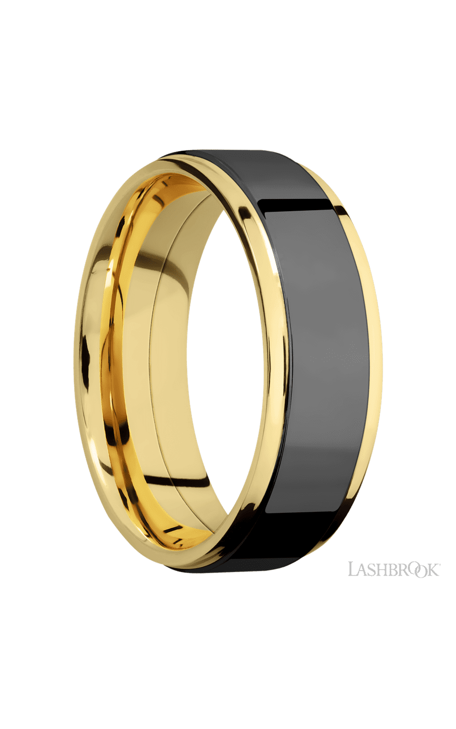 7 mm wide/Flat Grooved Edges/14K Yellow Gold band with one 5 mm Raised Centered inlay of Zirconium.