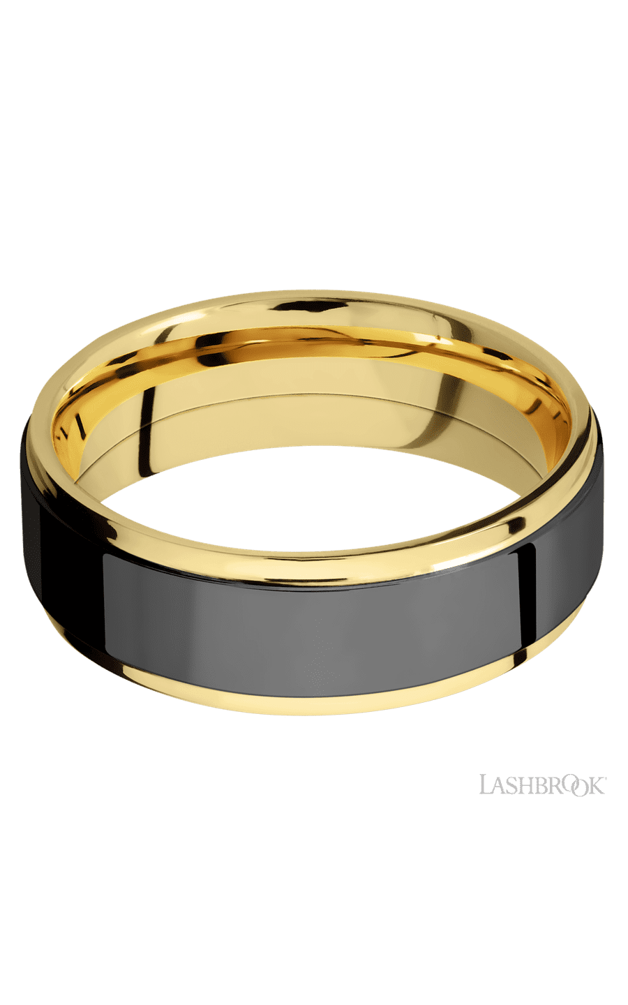 7 mm wide/Flat Grooved Edges/14K Yellow Gold band with one 5 mm Raised Centered inlay of Zirconium.