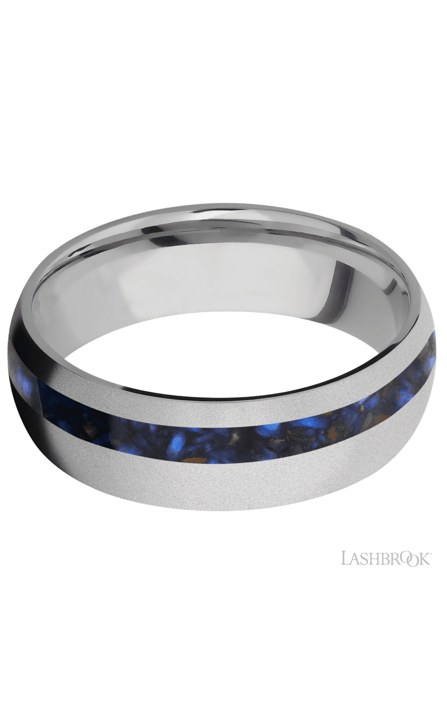 7 mm wide/Domed/Titanium band with one 2 mm Off Center inlay of Blue Tiger Eye.