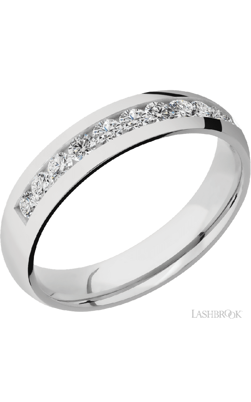 5 mm wide/Domed/Cobalt Chrome band with a Half Eternity arrangement of .07 carat Round Diamond stones in a Channel setting.
