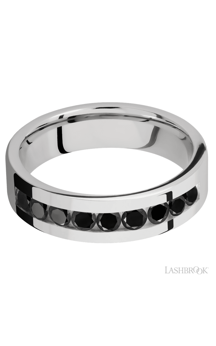 6 mm wide/Flat/Cobalt Chrome band with an  arrangement of 9, .1 carat Round Black Diamond stones in a Channel setting.