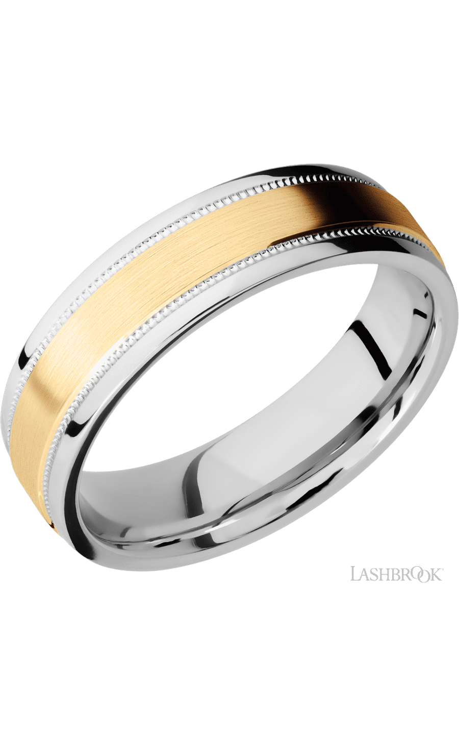 6 mm wide/Flat Stepped Edges Milgrain/Cobalt Chrome band with one 3 mm Raised Centered inlay of 14K Yellow Gold.