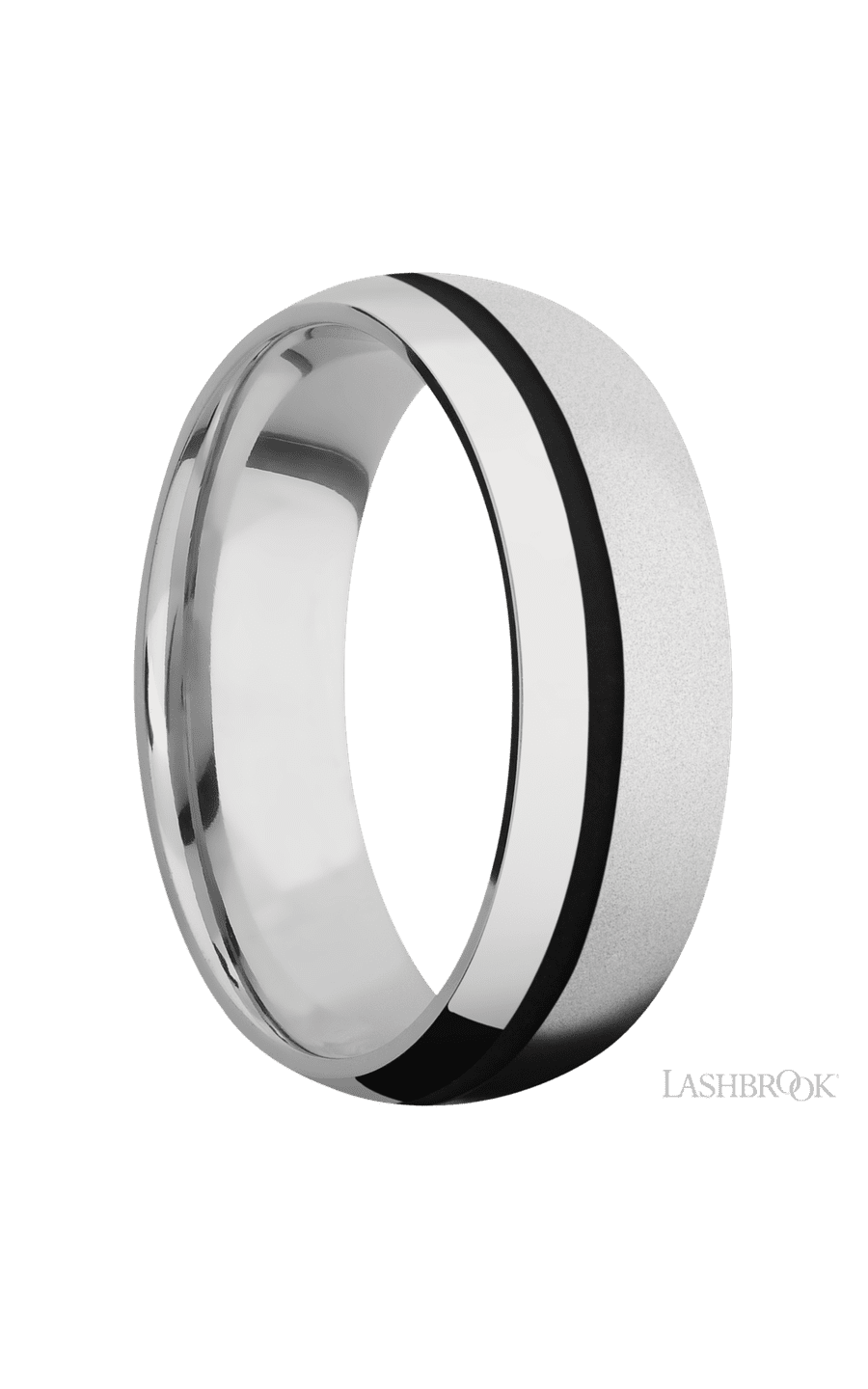7 mm wide/Domed/Cobalt Chrome band with one 1 mm Off Center inlay of Black.