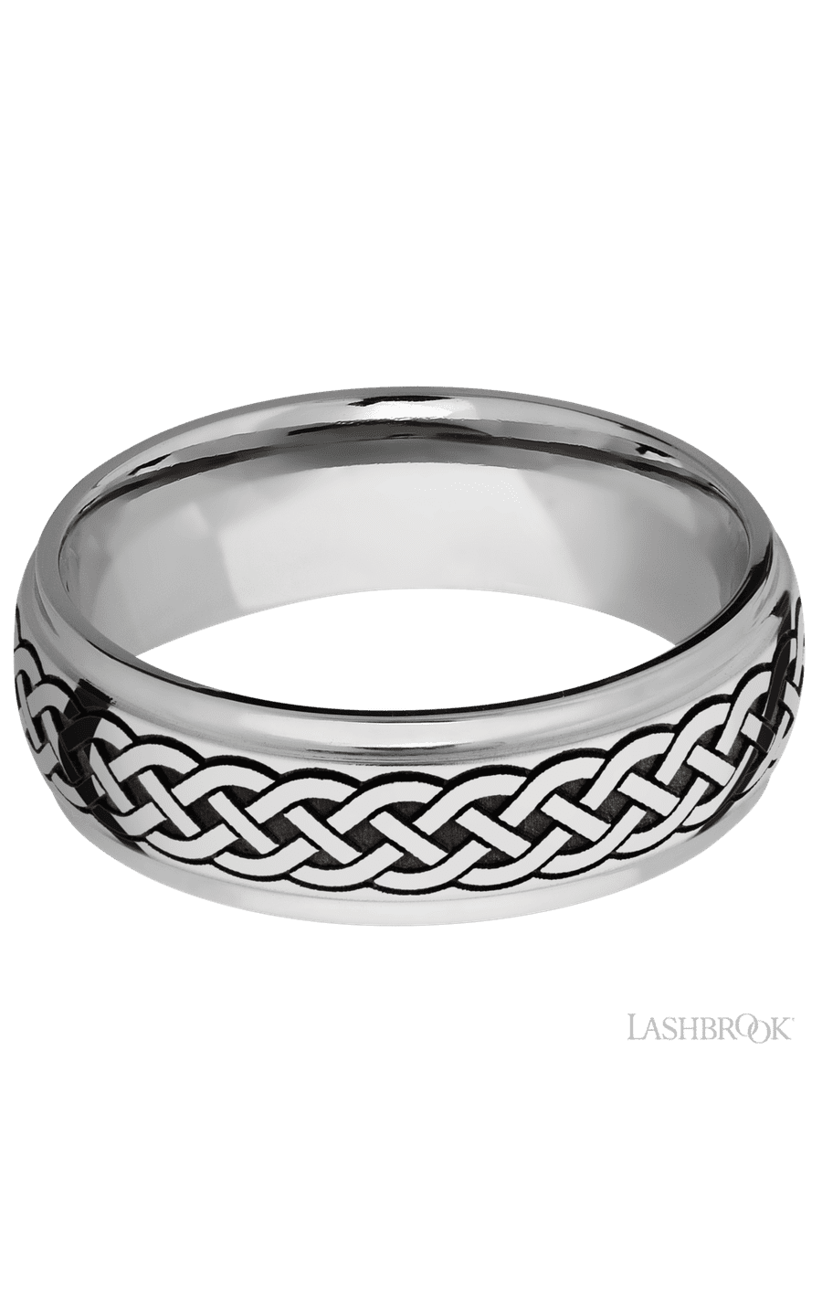 7 mm wide/Domed Stepped Down Edges/Cobalt Chrome band with a laser carved Celtic 9 pattern.