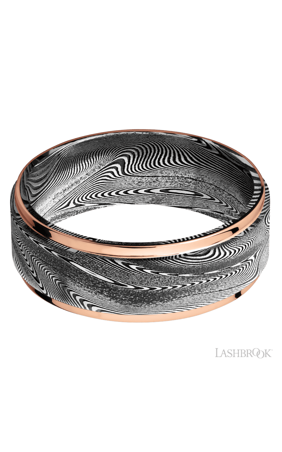 8 mm wide/Flat Grooved Edges/Tightweave band with two 1 mm Edge inlays of 14K Rose Gold.
