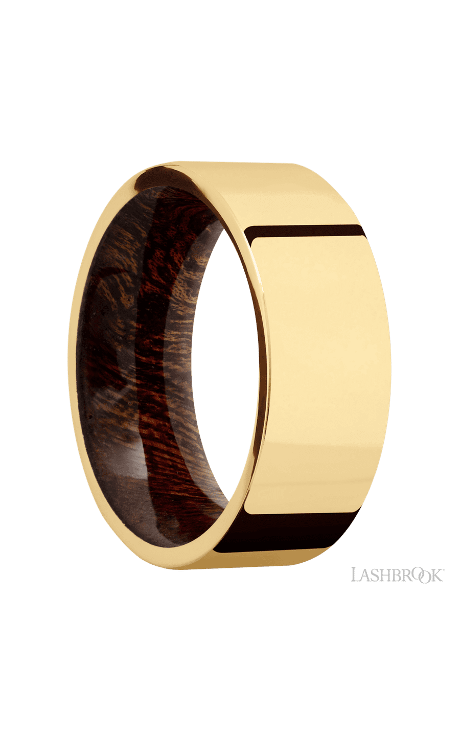 8 mm wide Flat 14K Yellow Gold band featuring a Sapele sleeve.