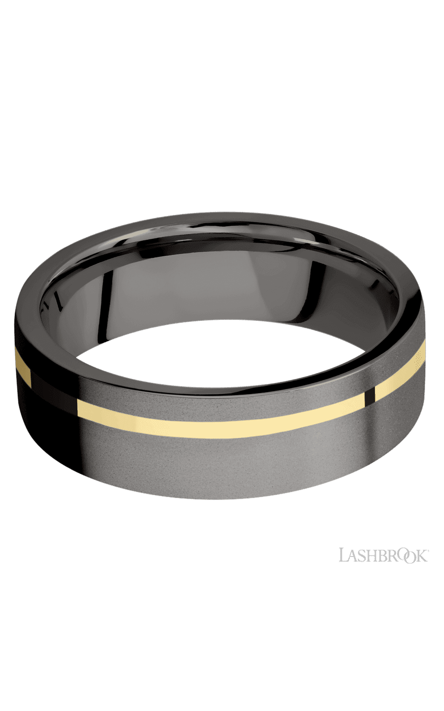 7 mm wide/Flat/Tantalum Noir band with one 1 mm Off Center inlay of 14K Yellow Gold.