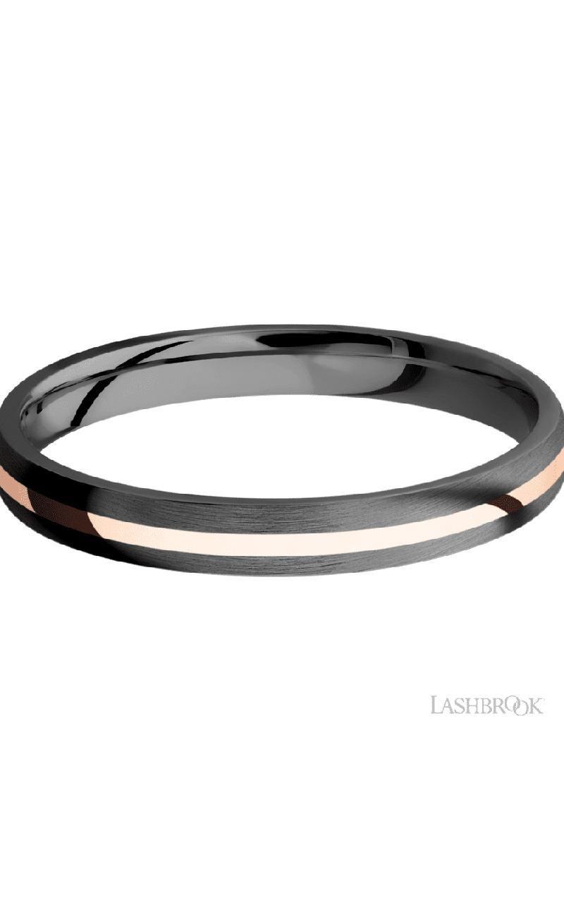 3 mm wide/Domed/Zirconium band with one 1 mm Centered inlay of 14K Rose Gold.