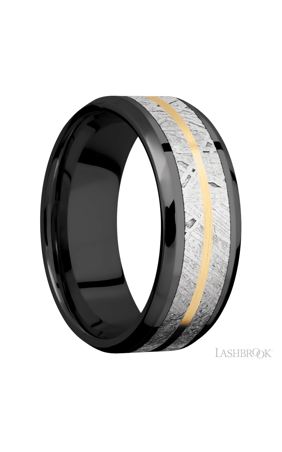 8 mm wide/Beveled/Zirconium band featuring inlays of Meteorite and 14K Yellow Gold.