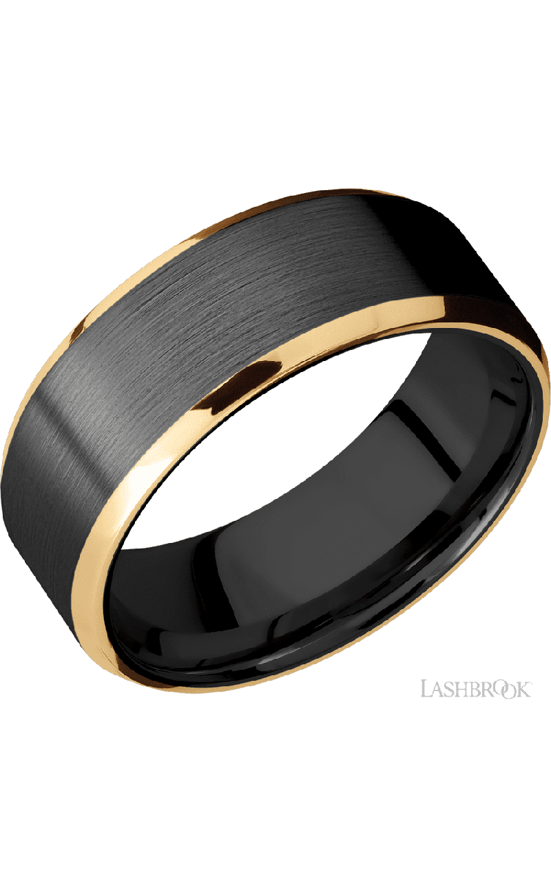 8 mm wide/Beveled/Zirconium band with two 1 mm Edge inlays of 14K Yellow Gold.