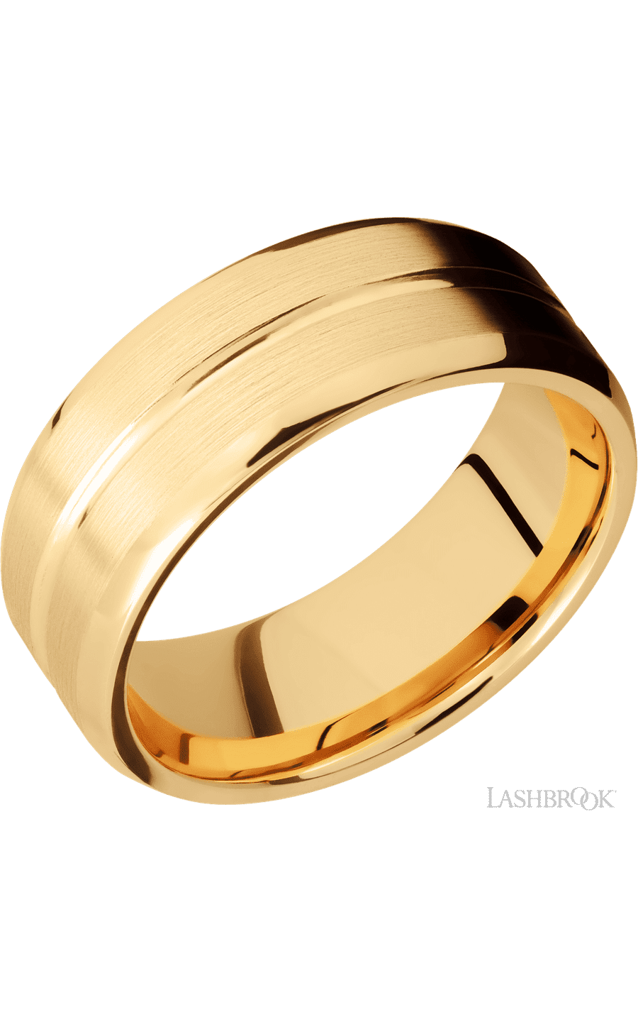 8 mm wide Beveled with Center Accent Groove 14K Yellow Gold band.