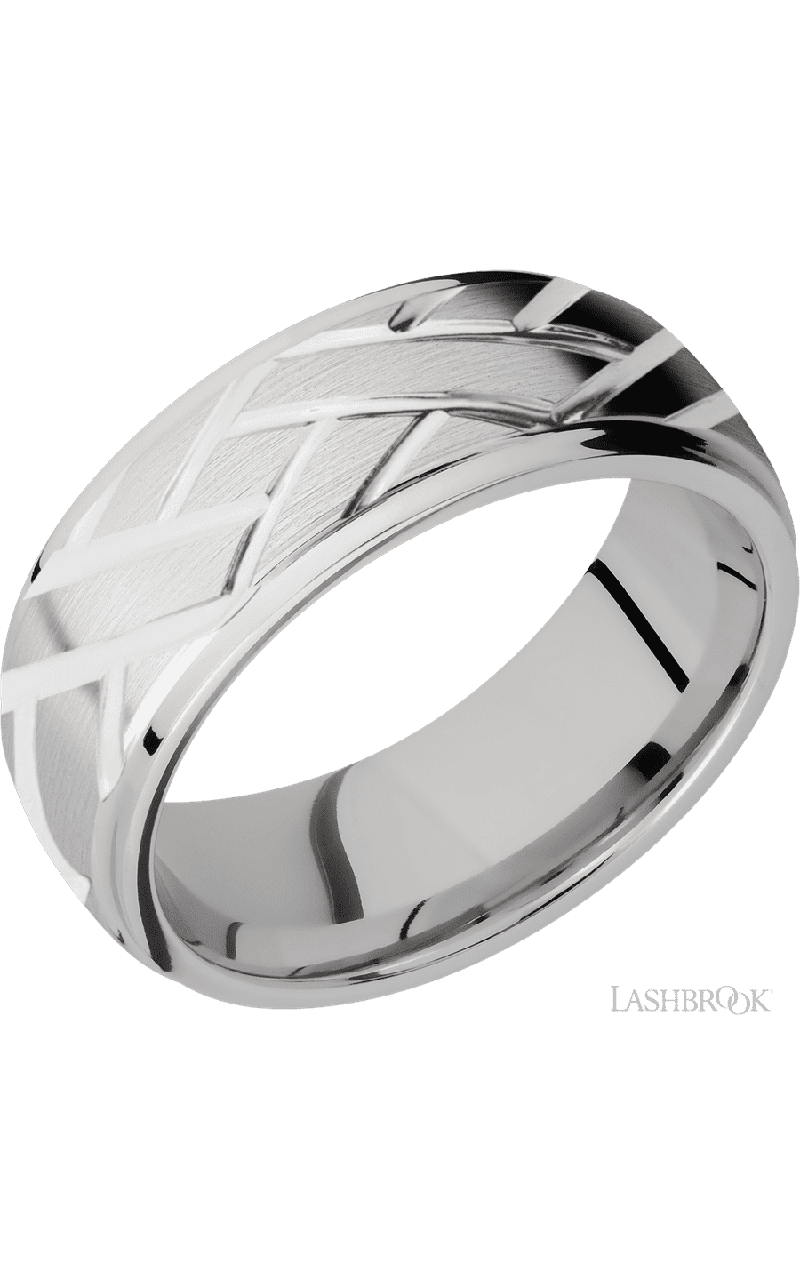 8 mm wide/Domed Stepped Down Edges/14K White Gold band with a machined Lattice pattern.