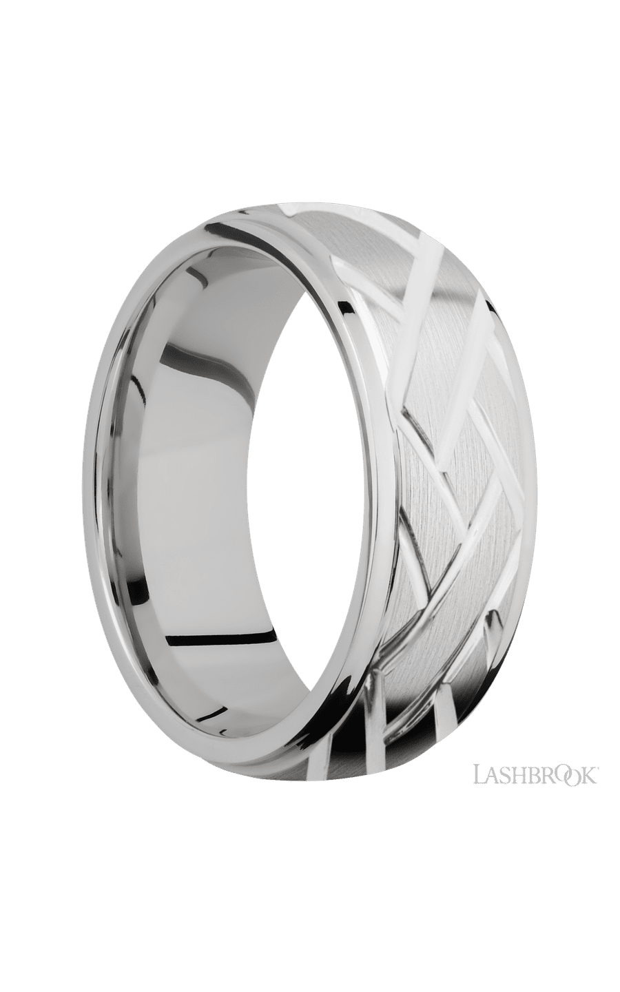 8 mm wide/Domed Stepped Down Edges/14K White Gold band with a machined Lattice pattern.