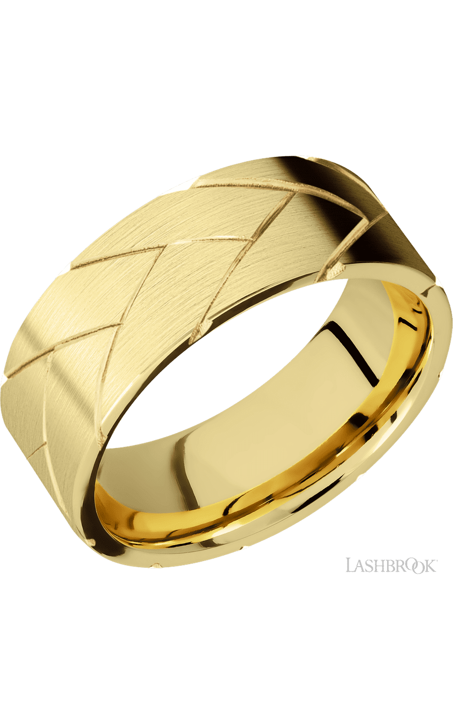 8 mm wide/Flat/14K Yellow Gold band with a machined Flatbraid pattern.