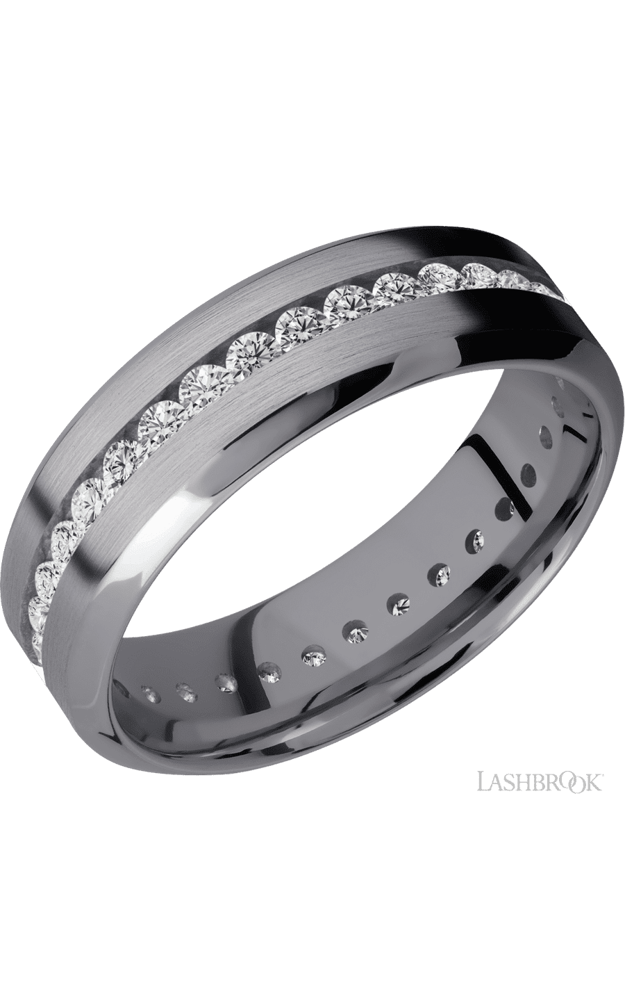 7 mm wide/High Bevel/Tantalum band with an Eternity arrangement of .03 carat Round Lab Grown Diamond stones in a Channel setting.