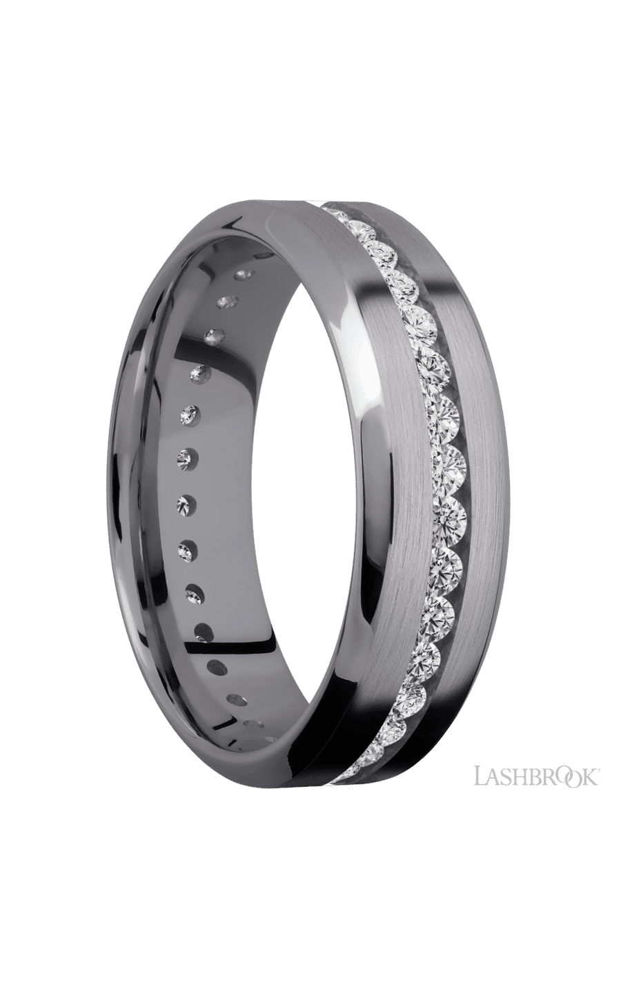 7 mm wide/High Bevel/Tantalum band with an Eternity arrangement of .03 carat Round Lab Grown Diamond stones in a Channel setting.