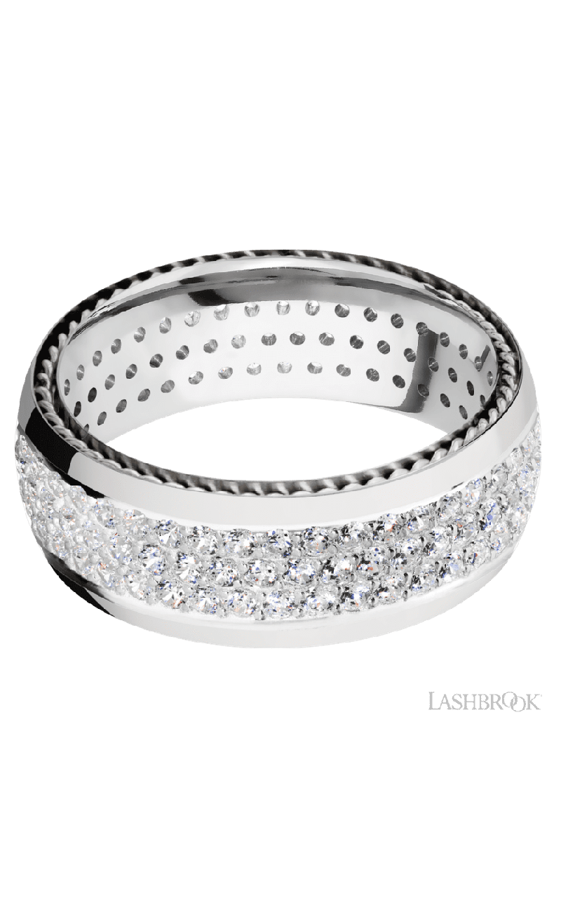 8 mm wide/Domed/14K White Gold band with  two 1 mm Sidebraid inlays of 14K White Gold and featuring a 3 Row Eternity arrangement of .015 carat Round Diamond stones in a Bead Channel setting