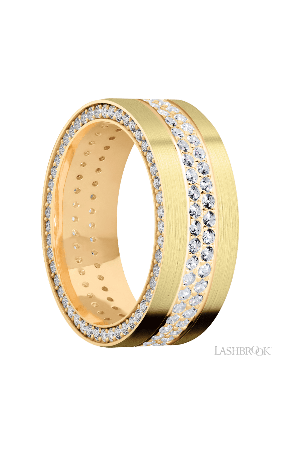 8 mm wide/Flat/14K Yellow Gold band with a Side Eternity arrangement of .01 carat Round Diamond stones in a Bead Channel setting and featuring a a 2 Row Eternity arrangement of .015 carat Round Diamond stones in a Bead Channel setting