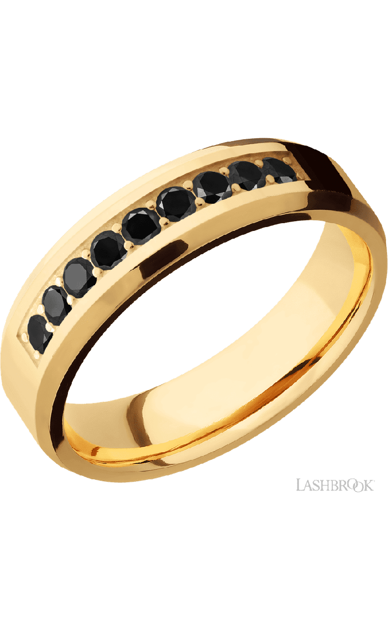 6 mm wide/Beveled/14K Yellow Gold band with an  arrangement of 9, .05 carat Round Black Diamond stones in a Bead Channel setting.