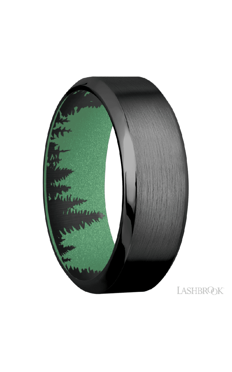 8 mm wide High Bevel Zirconium band featuring a Squatch sleeve.