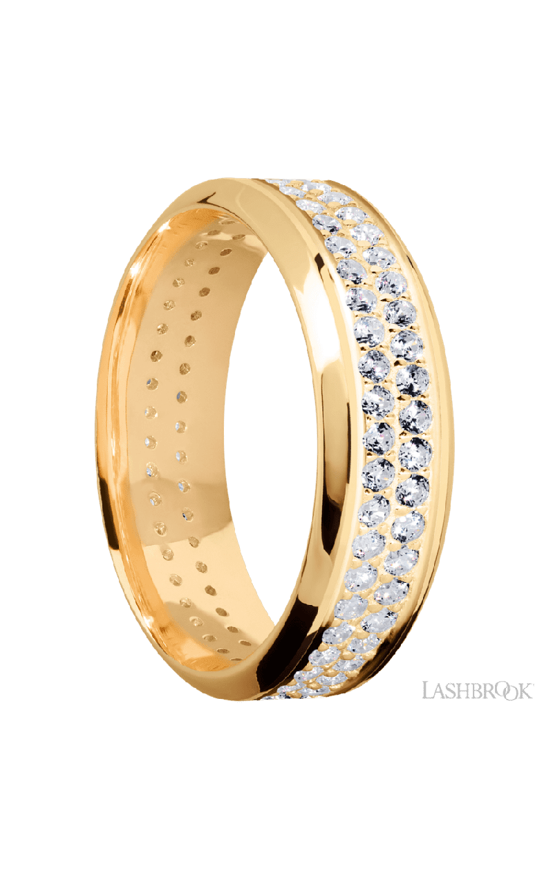 7 mm wide/High Bevel/14K Yellow Gold band with a 2 Row Eternity arrangement of .015 carat Round Diamond stones in a Bead Channel setting.